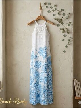 lilly pulitzer pearl halter dress Lilly Pulitzer Pearl Soft Shift Dress Blue Floral Crochet Halter Size 00